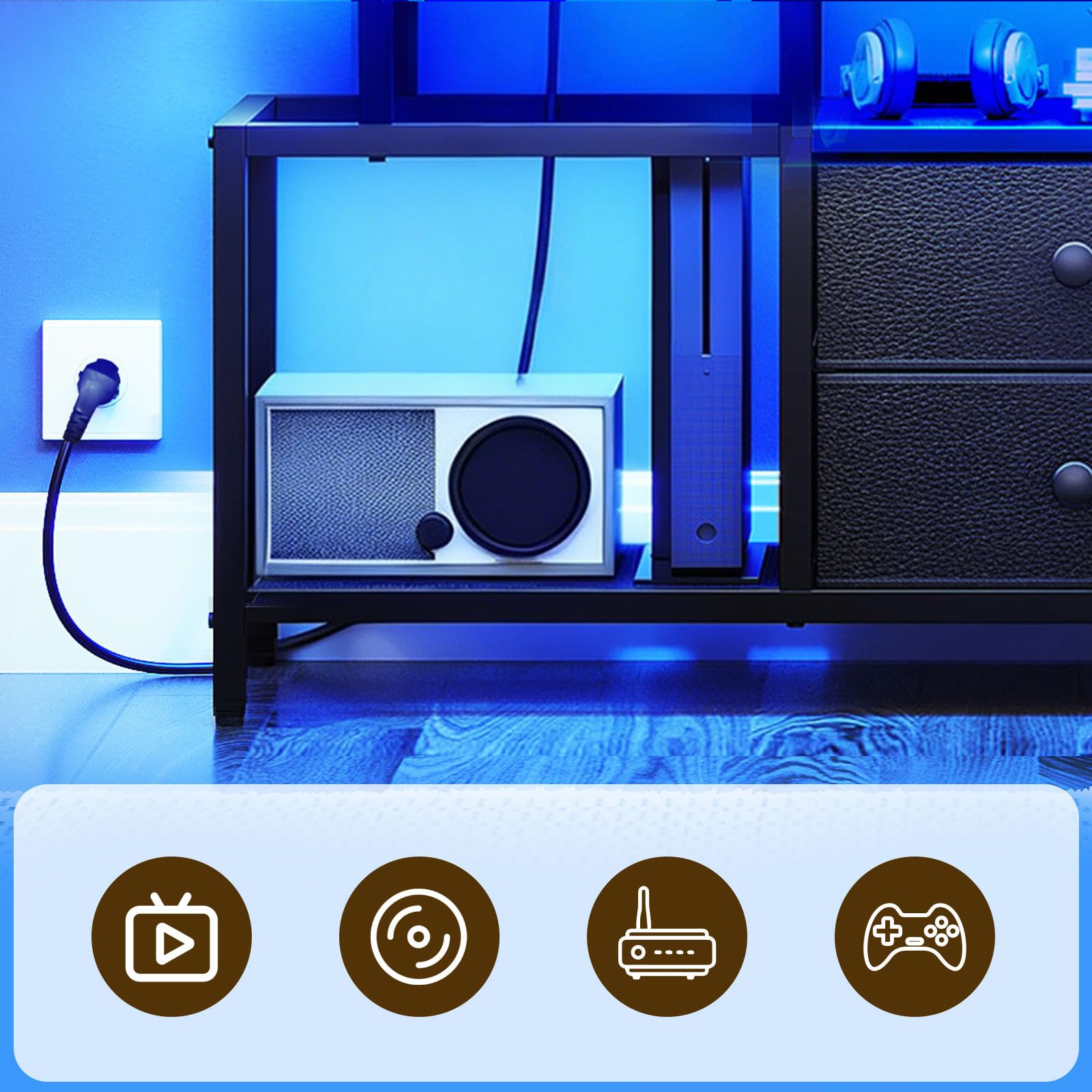 YATINEY Meuble TV Flottant, pour télé de 45'' Pouces maximale, Console Média avec Station de Charge et Ruban LED, 2 tiroirs, Centre de Divertissement pour Salon, Chambre, Noir XDS03CDBB
