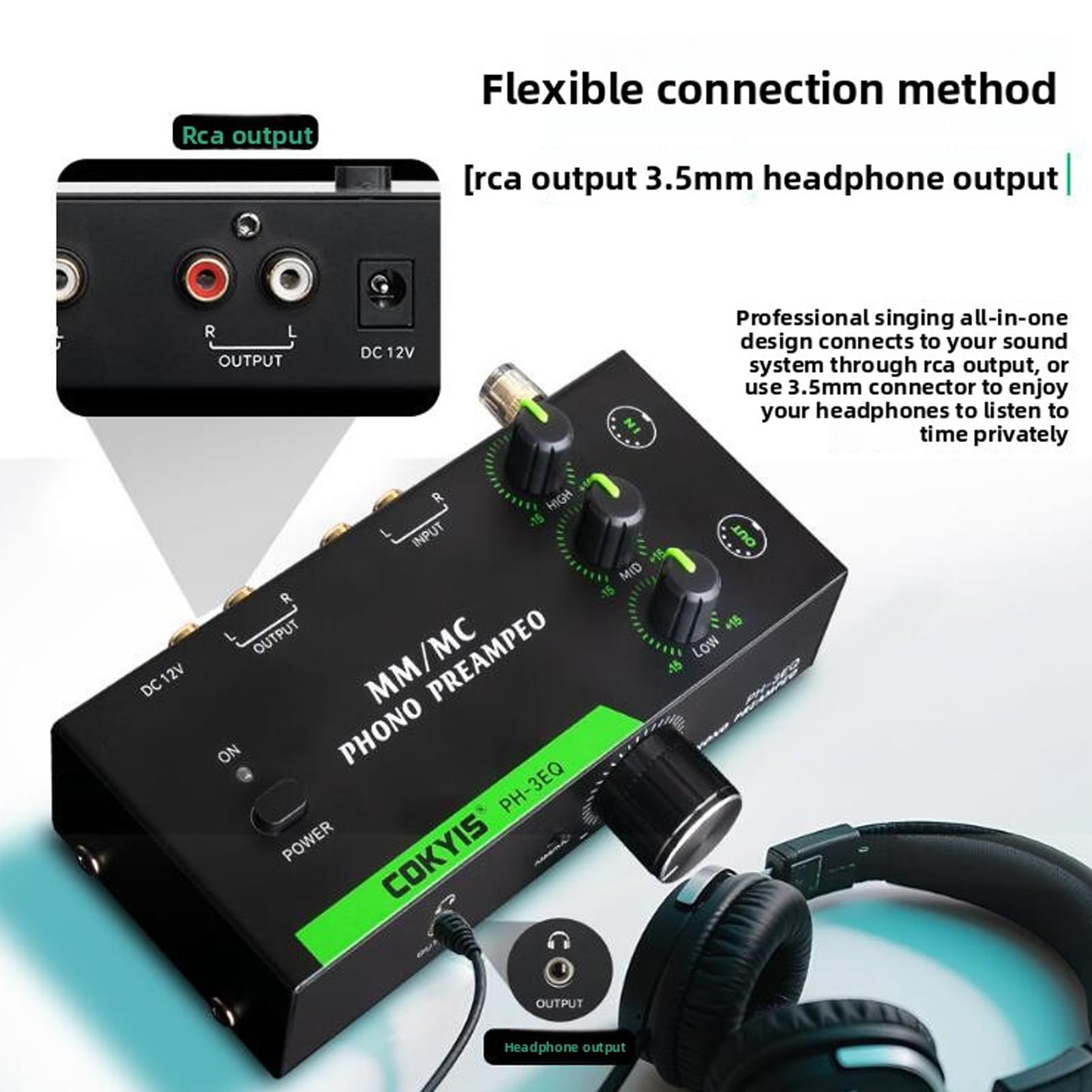 ASHATA Przedwzmacniacz Audio Stereo dla Wkładek Mm MC, Wzmacniacz Słuchawkowy z 3-pasmowym Korektorem, Obsługuje Wyjście Słuchawkowe 3,5 Mm, 5-pinowe Wyjście Wejściowe XLR, Niski (wtyczka UE)