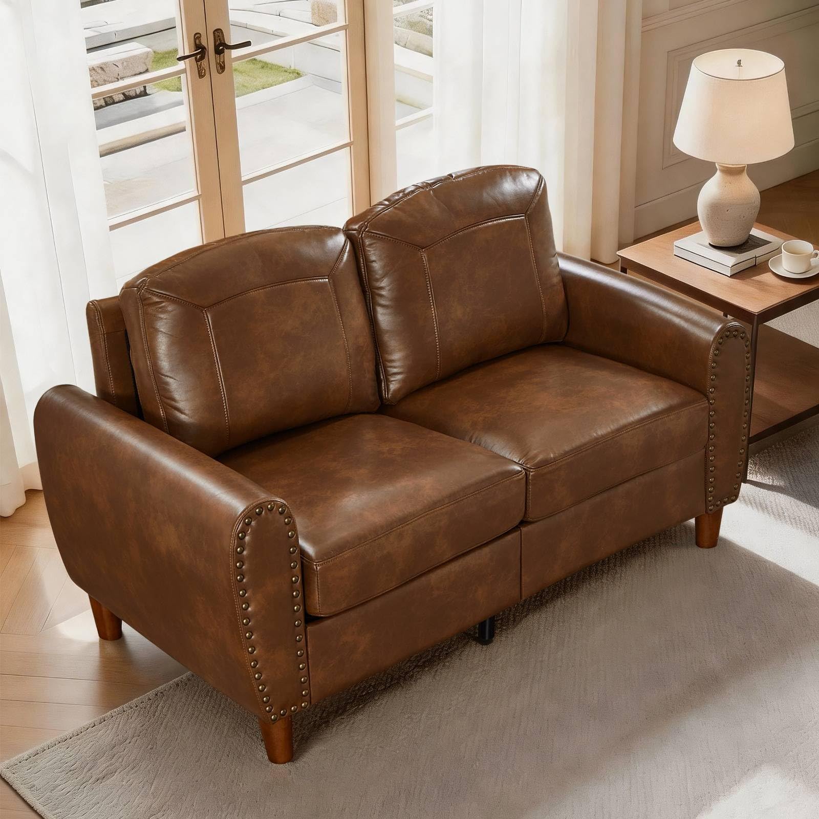 59" Loveseat Sofa with Rolled Arms, Classic PU Leather Couch, Brown image 6