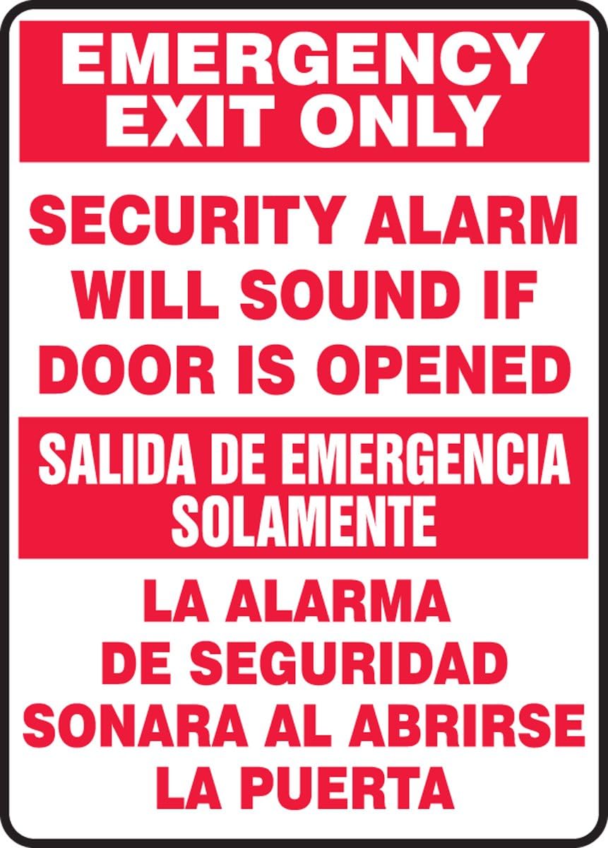 Accuform SBMEXT566VS Adhesive Vinyl Spanish Bilingual Sign, Legend "EMERGENCY EXIT ONLY SECURITY ALARM WILL SOUND IF DOOR IS OPENED/SALIDA DE EMERGENCIA SOLAMENTE LA ALARMA DE SEGURIDAD SONARA AL ABRIRSE LA PUERTA", 14" Length x 10" Width x 0.004" Thickness, Red on White