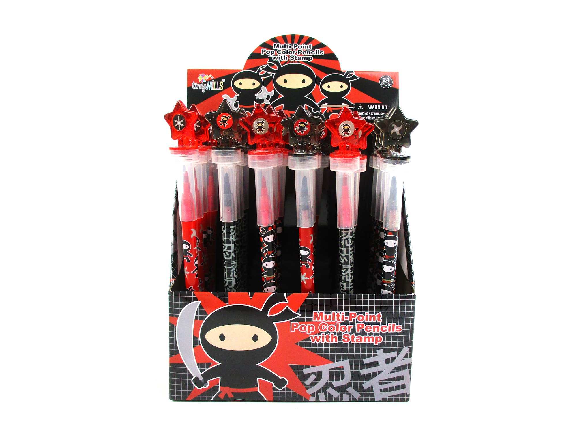 TINYMILLS 24 Pcs Ninjas 2 in 1 Stackable Stacking Crayon with Extra Stamper Topper, Kids Party Favors, Goodie Bag Stuffers, Classroom Rewards, Prizes