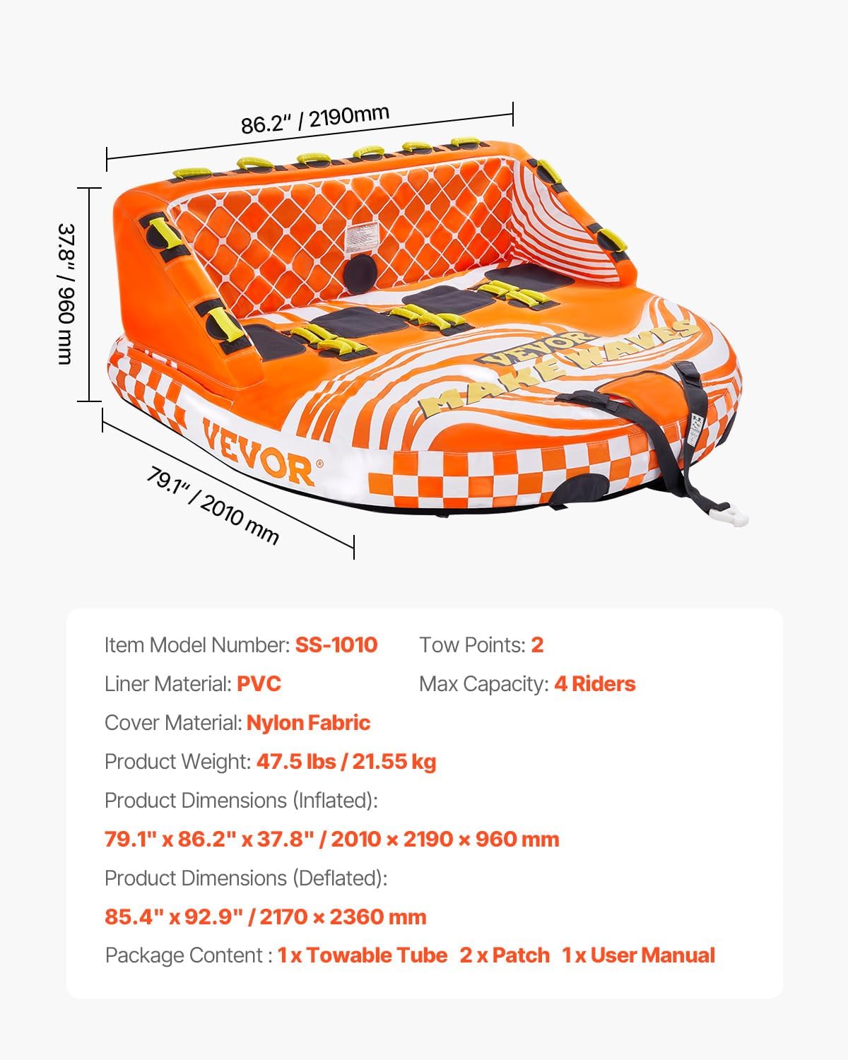 VEVOR Towable Tube for Boating, 1-4 Riders Inflatable Boat Tubes and Towables, 680lbs Water Sport Towable Tube for Boat to Pull - with Full Nylon Cover, 22 Grab Handles, Dual Tow Points & Safety Valve