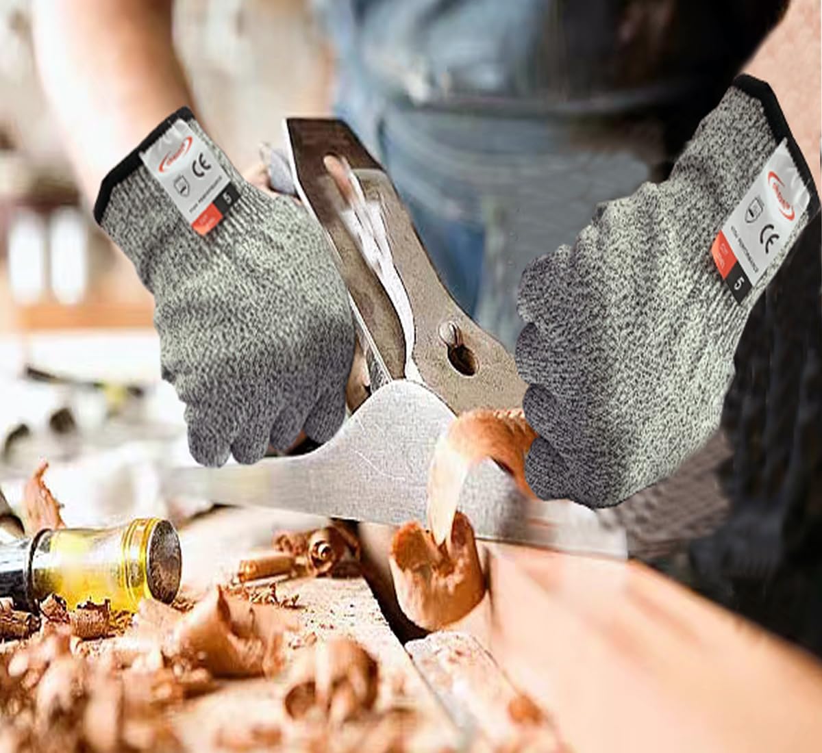 Schneidehandschuhe, 1 Paar schnittfeste Handschuhe, lebensmittelecht, schnittfeste Handschuhe für Küche, Austern-Shucking, Fischfilet-Verarbeitung, Schnitzholz und Gartenarbeit, Größe L, Grau