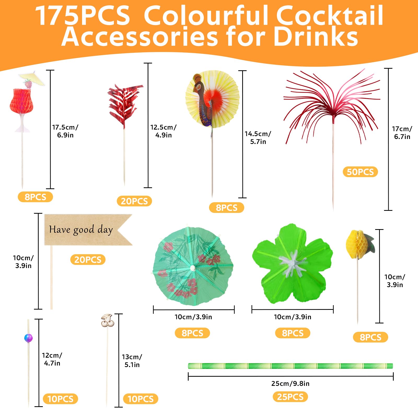 175 Pezzi Decorazioni per Cocktail, Due Tipi di Ombrellini Cocktail, Hawaiane Cannucce Cocktail, Fuochi D'artificio, Fenicottero, Ananas, Riutilizzabili Decorazioni per Feste, Cocktail Party