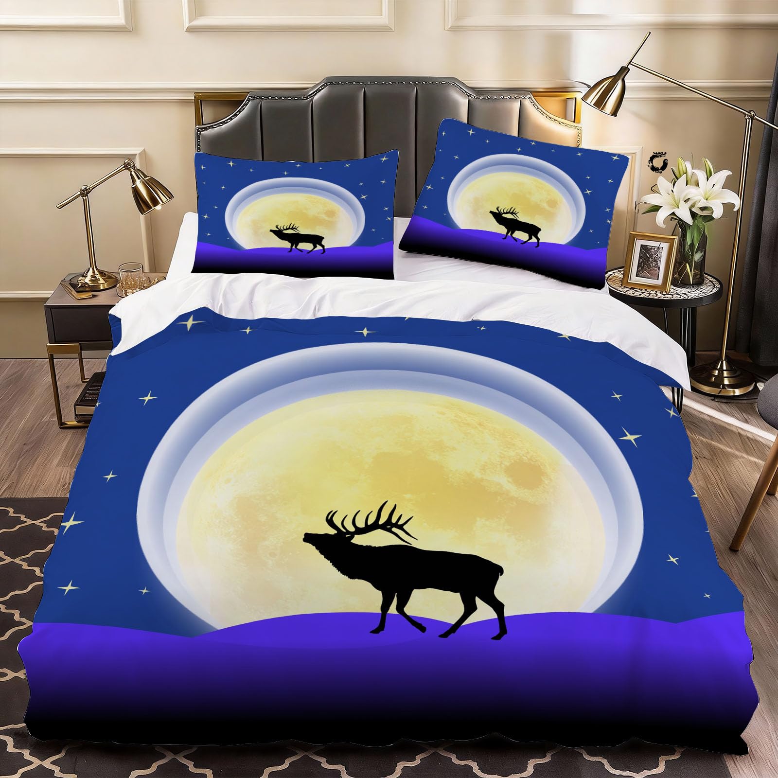 3D Deer Elk Duvet Cover Deer Silhouette Bedding Double Bed Set, Soft Microfiber Comforter Cover Printed with Zipper Closure Quilt Coverr 200x200 cm and 2 Pillowcases