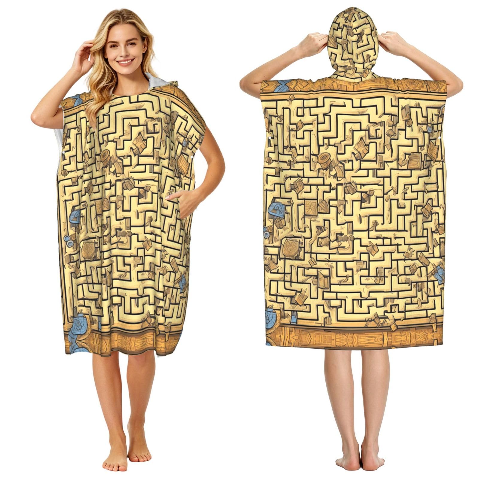 Zaixiansj 110cm Treasure Maze Print Adult Changing Robe Hooded Towel Poncho Surf Swim Beach Cover Up with Pockets
