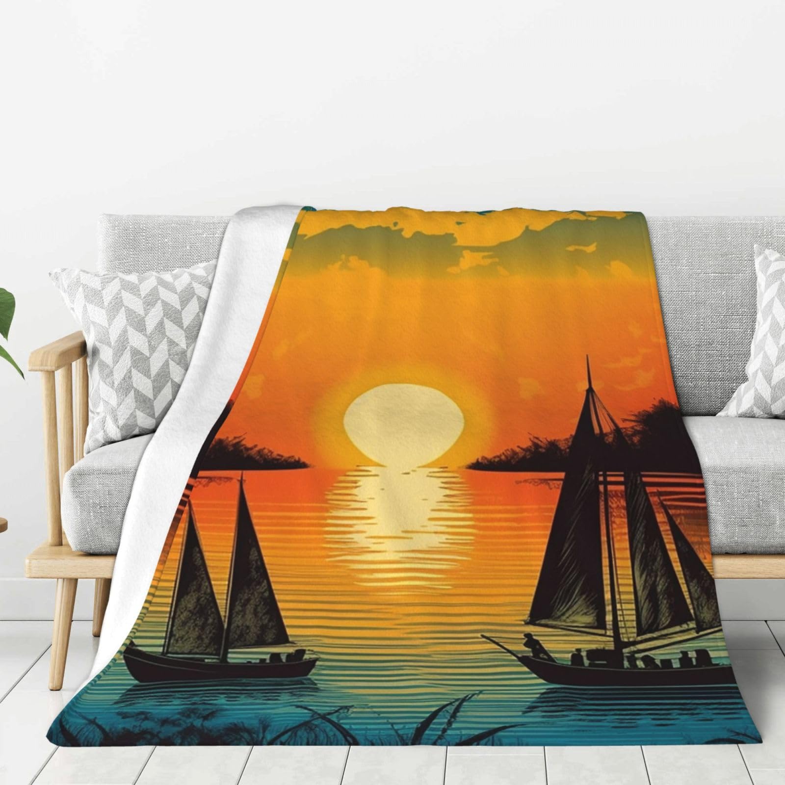 Sunset with A Boat Throw Blanket Plush Flannel Fleece Blanket, Soft Lightweight Cozy Blankets 60"X50" for Bed Couch Sofa Travel