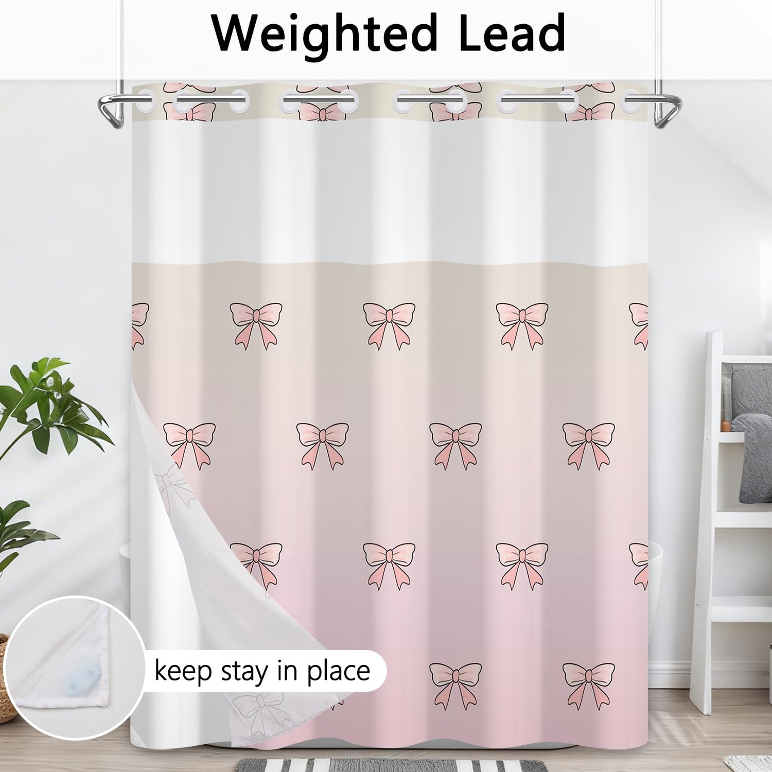 No Hook Pink Bow Shower Curtain with Snap in Liner, Ombre Pink Shower Curtains for Girls Bathroom, Waterproof Fabric Double Layers with See Through Top Window, 71x74 Inch