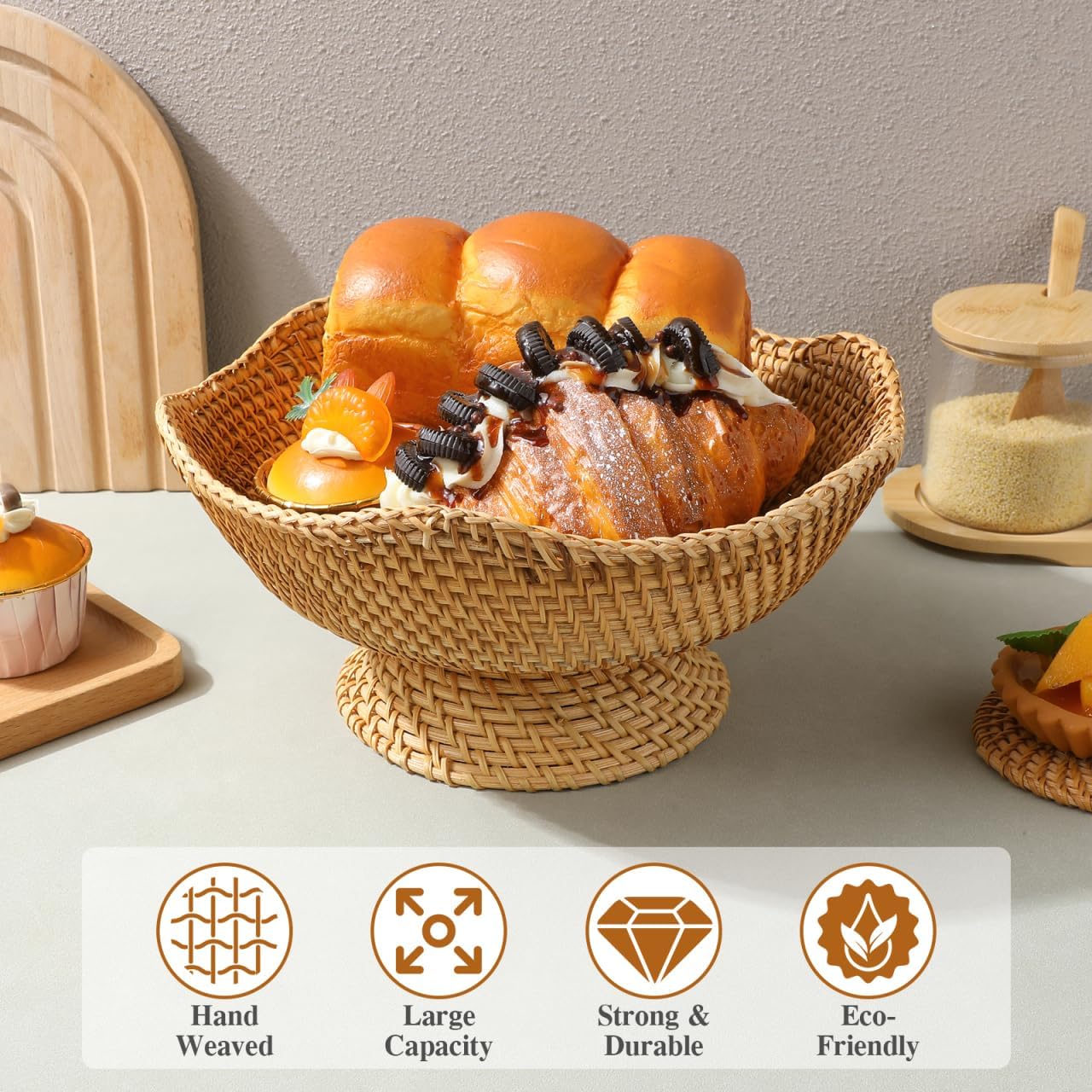 Zerodeko Small Round Hand-Woven Rattan Fruit Basket 9.84 Inch Tabletop Organizer for Kitchen Counter Key Storage and Snack Holder