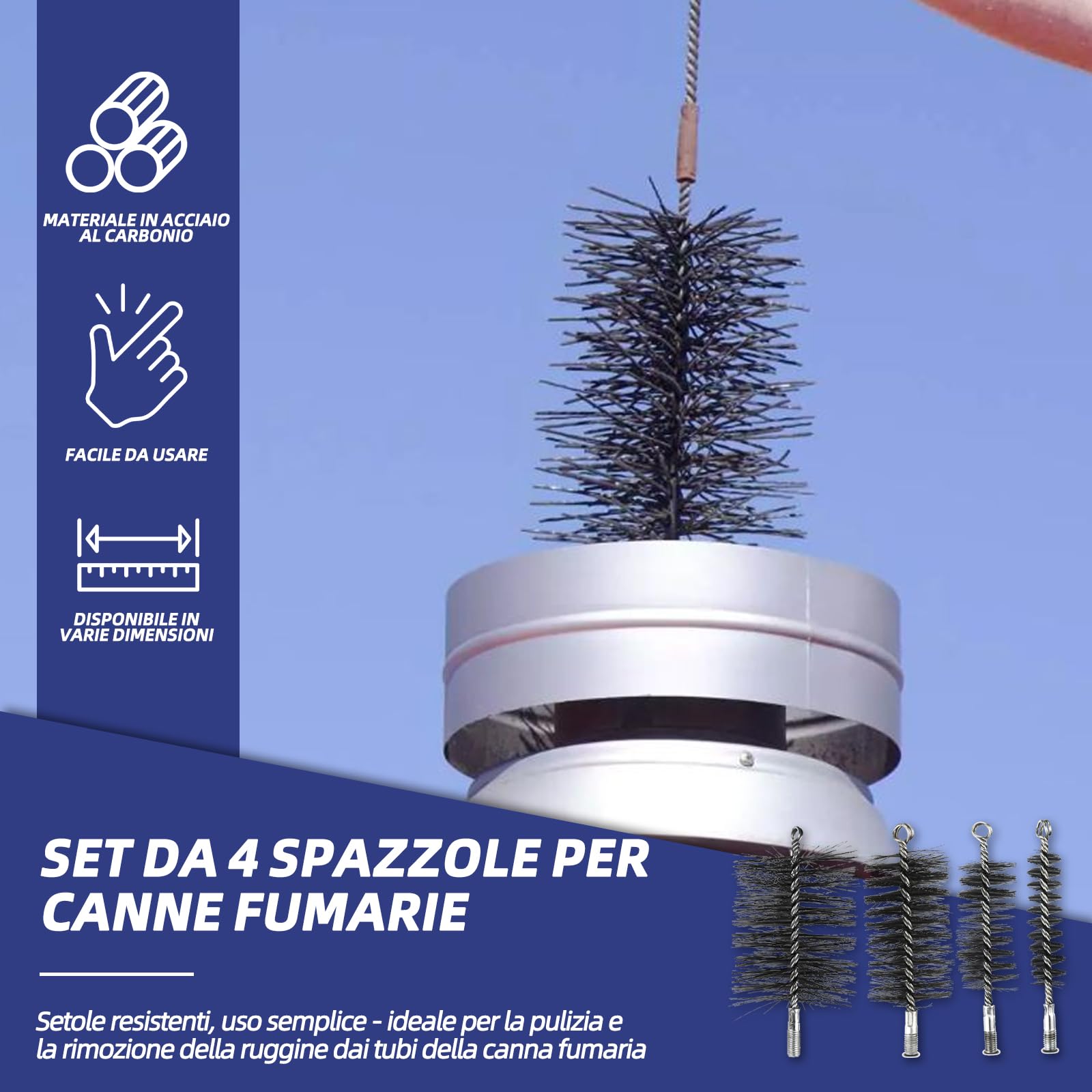 Set di spazzole per camino 4 pezzi con spazzole da 30/50/80/150 mm, incl. 1m di filo di acciaio e stanga di spinta – Spazzola per camino per la pulizia di canne fumarie, tubi per stufe e tubi di