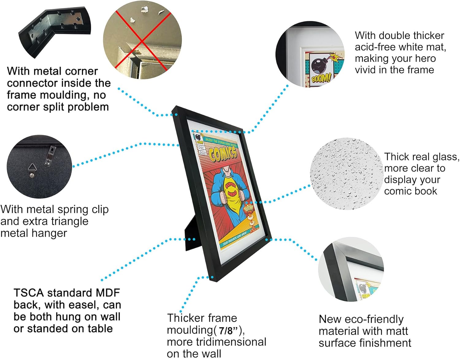 Comic Book Frame with Real Glass,4 Pack,UV Protection, Fits Current Comics up to 6 3/4" x 10 1/4", Fits with Comic Book Bags and Sleeves,Wall or Tabletop Display (Black Frame White Mat,4)