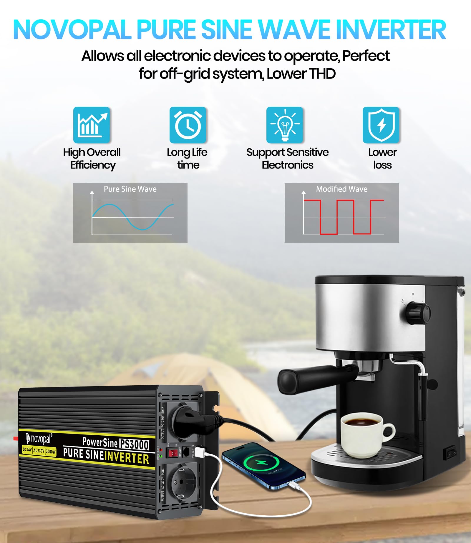 NOVOPAL Inversor 24V 230V Onda Pura 3000W Convertidor de Corriente Conversor 24V a 220V Transformador con 5m Control Remoto para Coche Camion — view 6