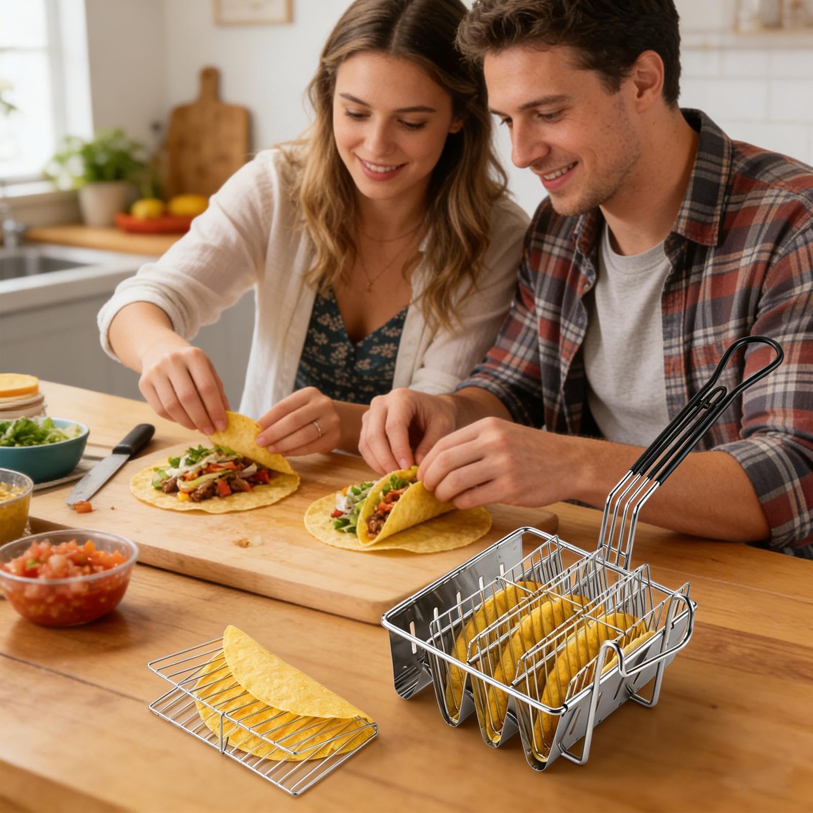 Friggitrice per Tacos Stampo per Tortillas in Acciaio Inossidabile 4 Gusci | Stampo Taco Da Frittura Catering Uso Domestico Ristorante Feste Cucina E Cottura Al Forno Cena In Famiglia Grigliate Al
