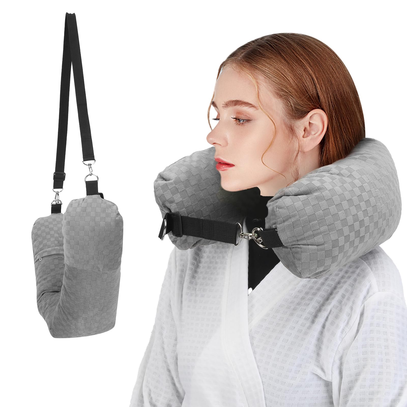 Stuffable Travel Pillow, Stuffable Neck Pillow for Travel, Travel Neck Pillow Stuffed with Clothes Storage - No Extra Baggage Fees, Fits 5+ Days of Travel Essentials, No Filler (Grey-Checkerboard)
