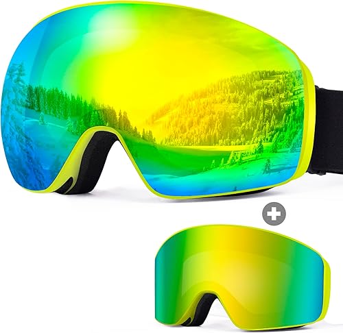 Gafas de esquí OTG con 2 lentes intercambiables, gafas de snowboard magnéticas Revo antivahoUV para hombres, mujeres, jóvenes