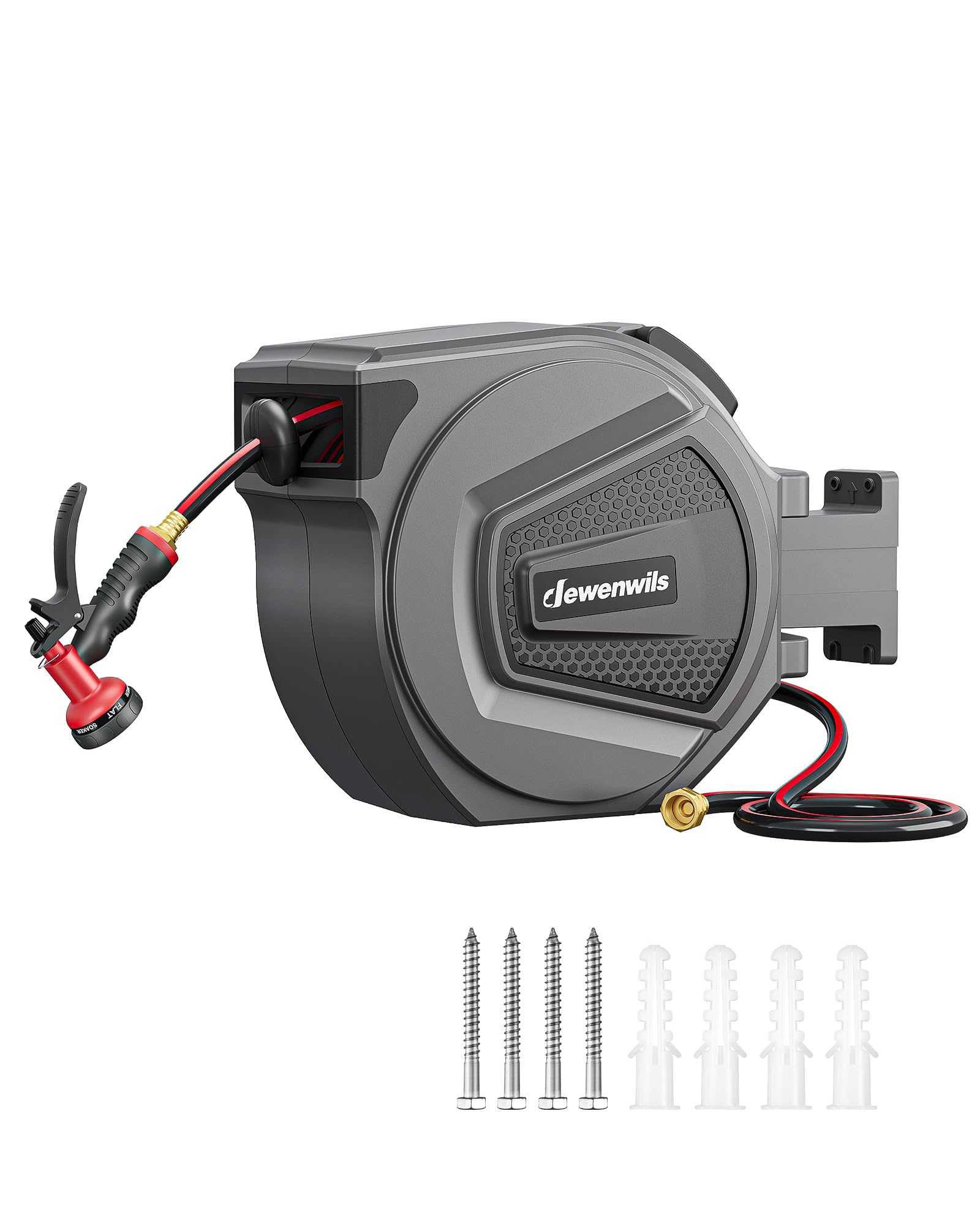 DEWENWILS Retractable Garden Hose Reel, 1/2" Wall Mount Hose Reel, 8-Pattern Nozzles, Any Length Lock, 180° Swivel Bracket, Weatherproof Water Hose Reel for Outdoor Watering, Dark Gray + Black (65FT)
