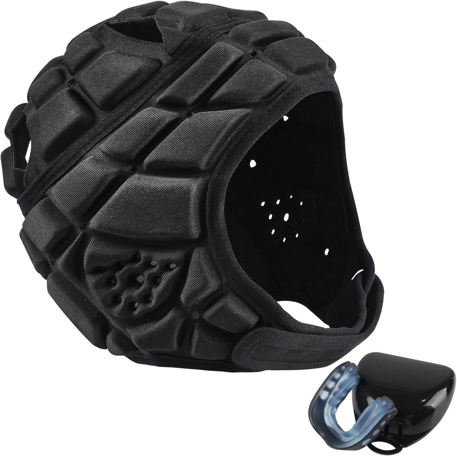 Soft Shell Flag Football Helmet with Mouth Guard, 7v7 Rugby Helmet Adjustable Thick Chin Strap, Breathable Ear and Head Protection Scrum Cap for Youth Kids and Adults, Paired with Sports Teeth Guards