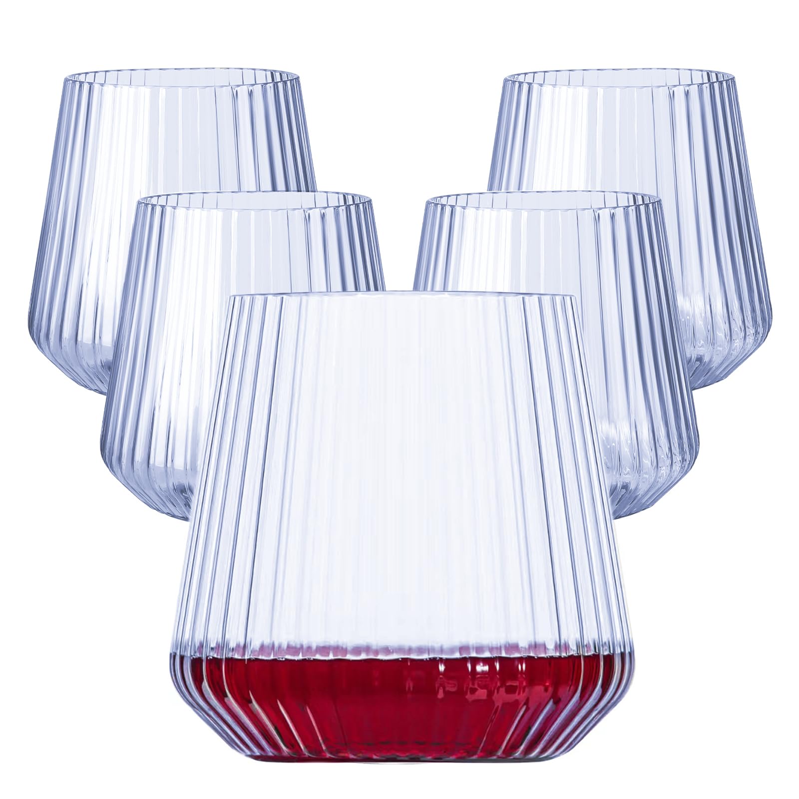 Lueumxc 40 Pack Plastic Ribbed Wine Glasses, 14Oz Origami Disposable Wine Glasses Unbreakable Clear Plastic Cocktail Glasses Recyclable Shatterproof Reusable Wine Cups (14oz-blue-40pack)