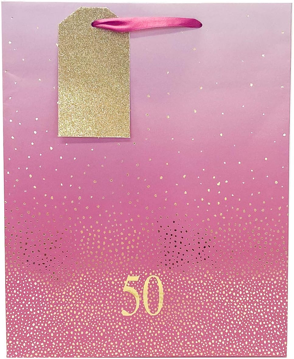 50th Birthday Gift Bag Large for Ladies Women Her Friend Pink Ombre Gold Foil Number Speckled Girly Design Glitter Tag Age Number Milestone Party Occasion