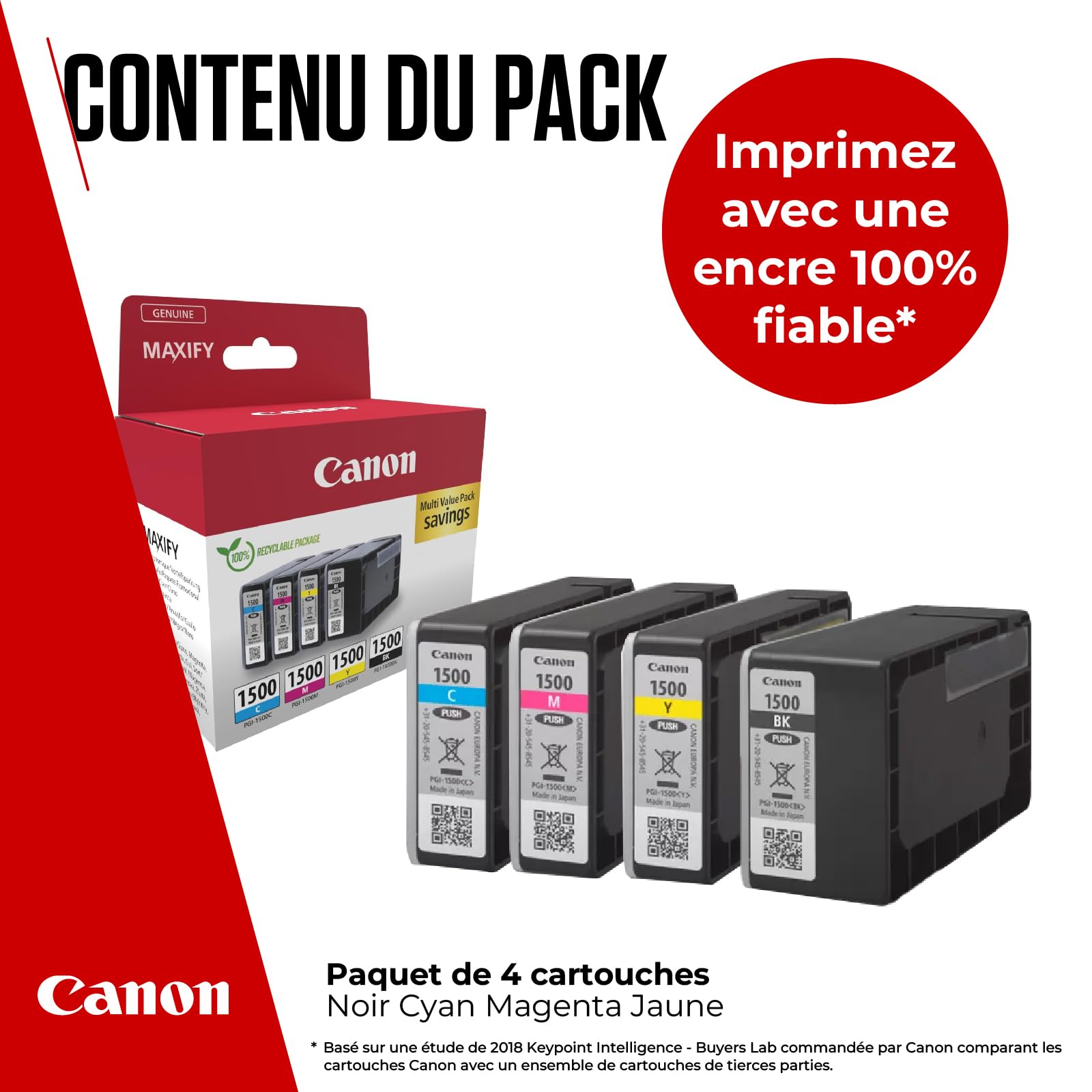Canon Cartouche Encre - PGI-1500 C M Y BK Cartouches d'encre Couleur Authentiques pour imprimante - 4 Packs (1 x Noir, 1 x Cyan, 1 x Magenta & 1 x Jaune)