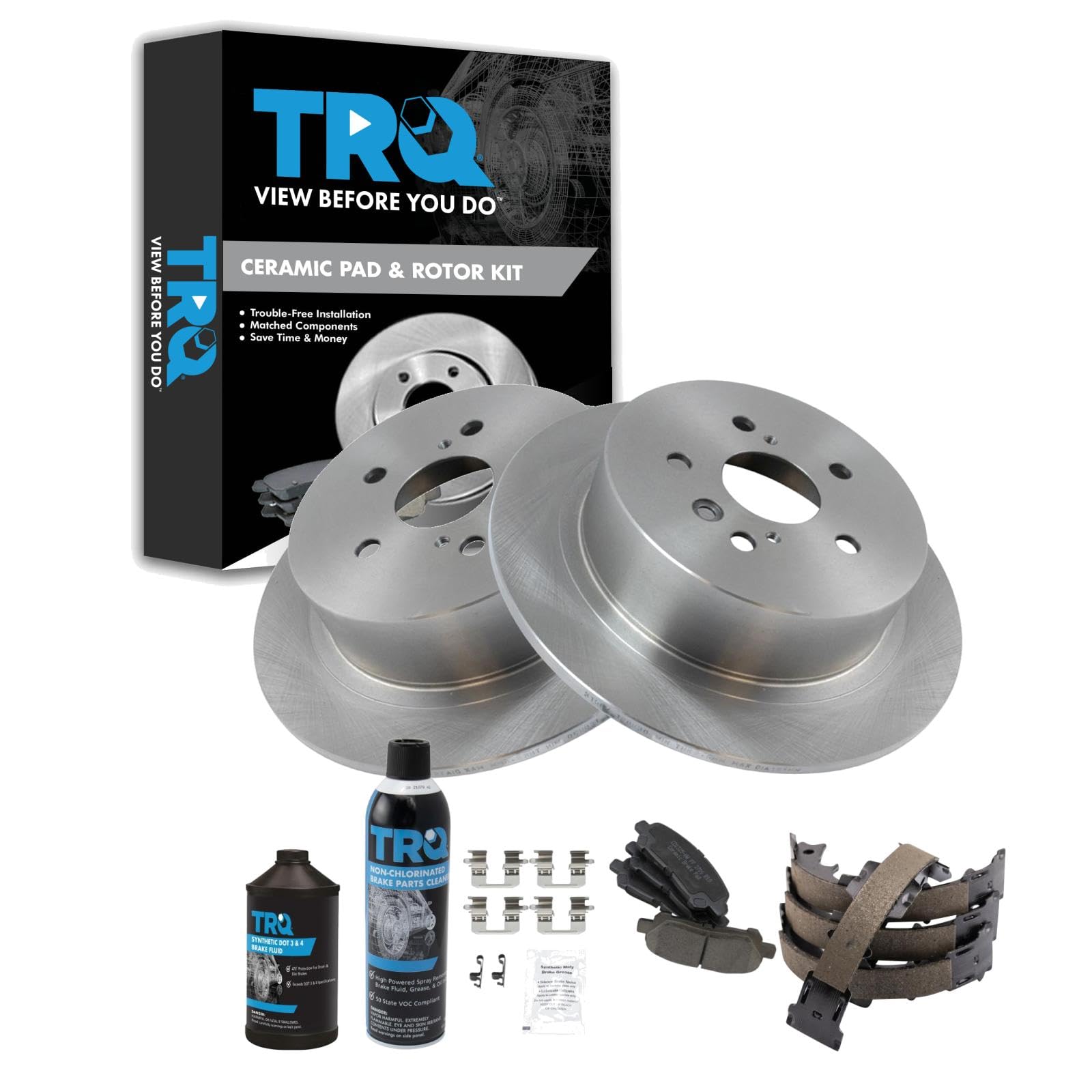 TRQ Rear Brake Pad &amp; Rotor Kit, with Chemical Kit Parking Brake Shoe Set Ceramic Compatible with 2012-2013 Toyota Highlander