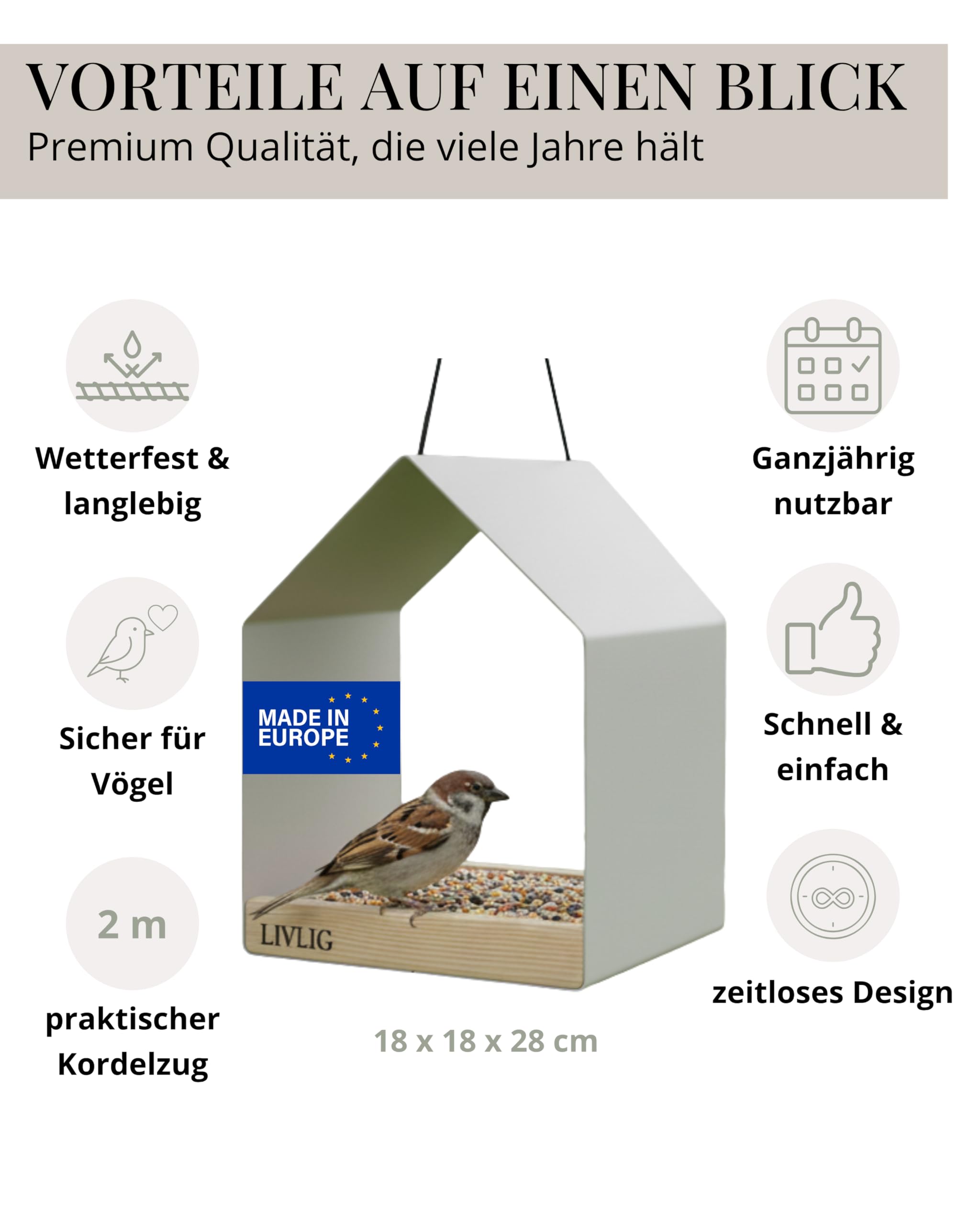LIVLIG Vogelhaus Metall – 2in1 Vogelfutterhaus & Vogeltränke, Design Vogelhaus zum Aufhängen, wetterfestes Futterhaus für Vögel ganzjährig, Futterspender Vögel, Greige