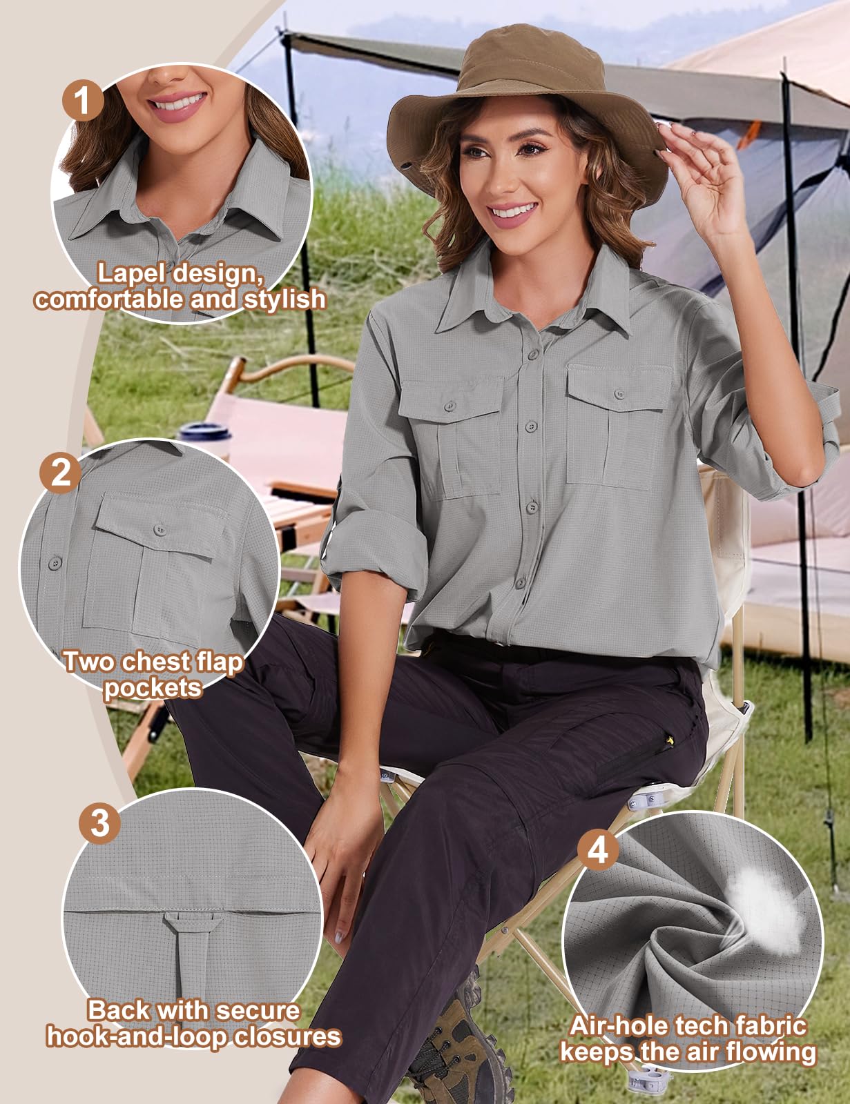 Tuopuda Chemisier Femme Chic Élégant Blouses UPF 50+ Protection Solaire T-Shirt Chemise Col en V avec Boutons Respirant Tunique Haut Manches Longues Décontracté Tops Randonnée Safari