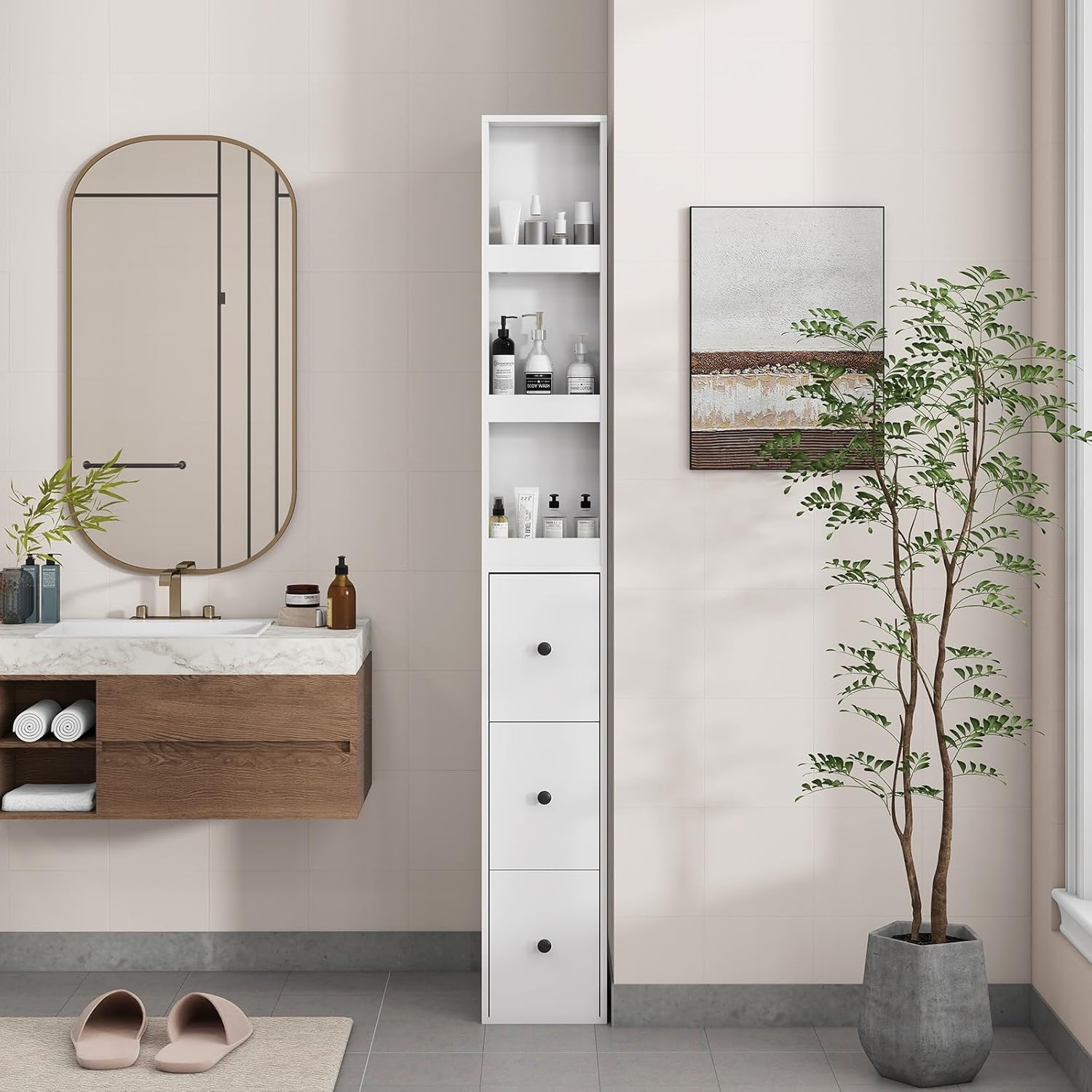ARTETHYS Storage Cabinet Tall Narrow Bathroom Organizer with Side Storage Rack and 3-Level Adjustable Shelves Slim Free Standing Space Saver for Living Room Kitchen, Classic White