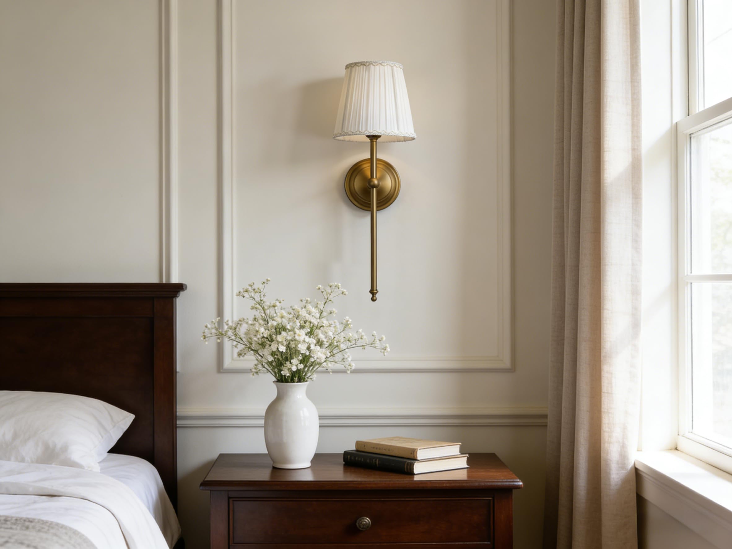 Wall Sconce Lighting Pleated Beige White Gauze Fabric Boho Decor Industrial Vintage Bedside Nightstand Light Wall Mounted Lamp — view 3