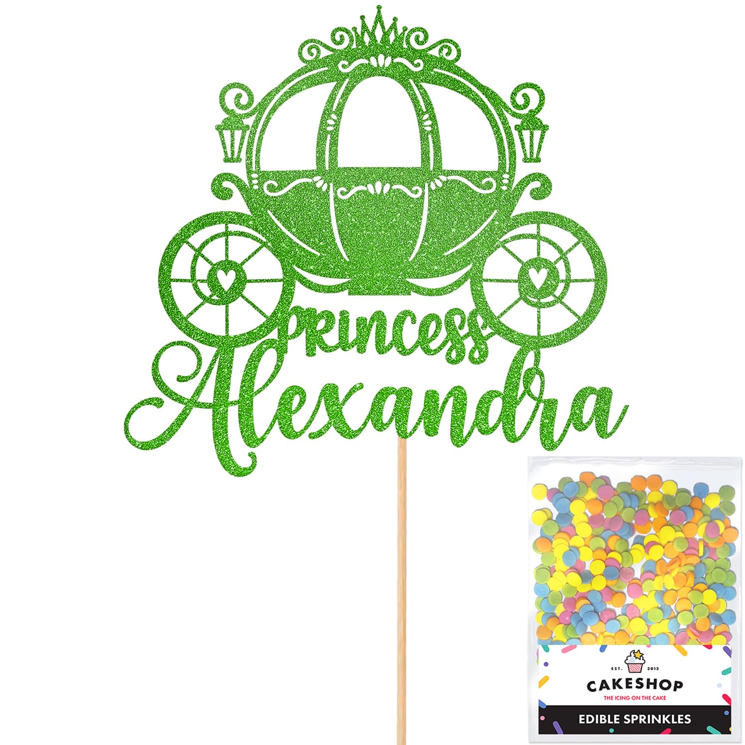 Personalised Princess Carriage Glitter Cake Topper- Green Any Custom Name Glitter Cake Decoration and Sprinkles - Happy Birthday Decorations - Personalised Toppers for Cakes by Cakeshop — image 1
