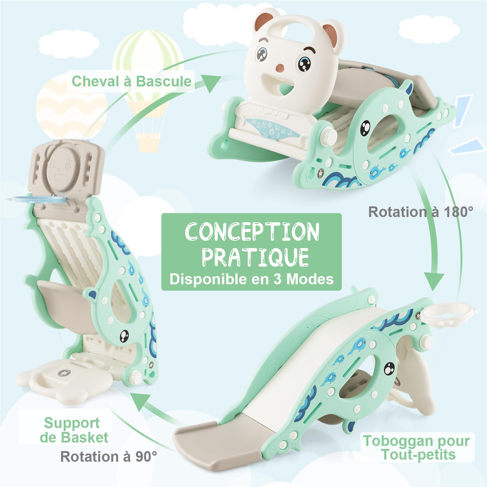 COSTWAY 4 en 1 Toboggan Enfants avec 3 Modes & Motif d'ours, Cheval à Bascule Intérieur Extérieur avec Panier de Basketball & Ballon, Charge 50kg pour Enfants de 3 Ans+, 93x65x46,5cm