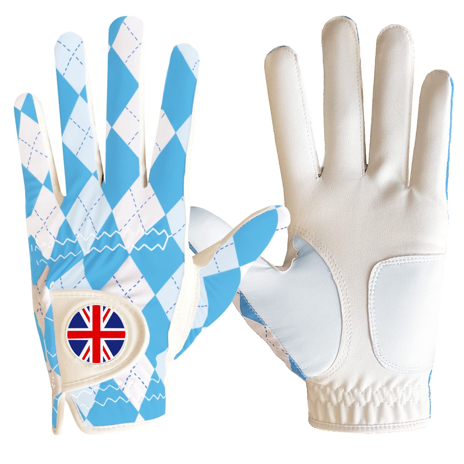 FINGER TEN Golf Gloves Men Left Hand Right with Ball Marker Cabretta Leather Weathersof Rain Grip Value Pack,Mens Golf Glove Fashion Pattern Wear Resistant (Blue Plaid-1 Pack
