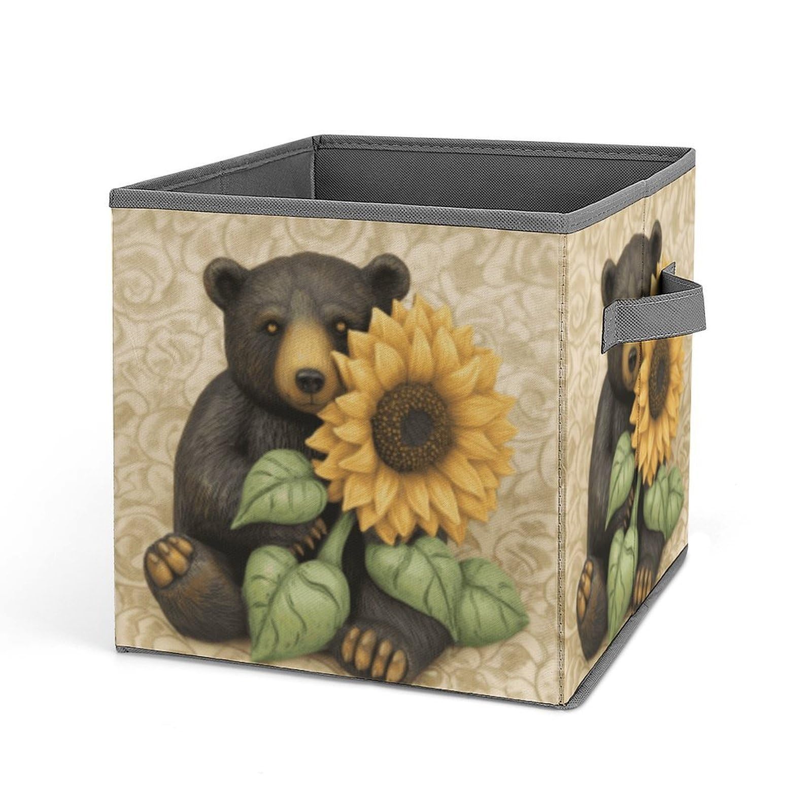 DWVTSLH Sunflower And Bear Cube Storage Bins with Handle, Foldable Storage Cubes, 11 Inch Large Storage Baskets, Washable Fabric Closet Organizer for Shelves, Decorative Clothes Storage Boxes