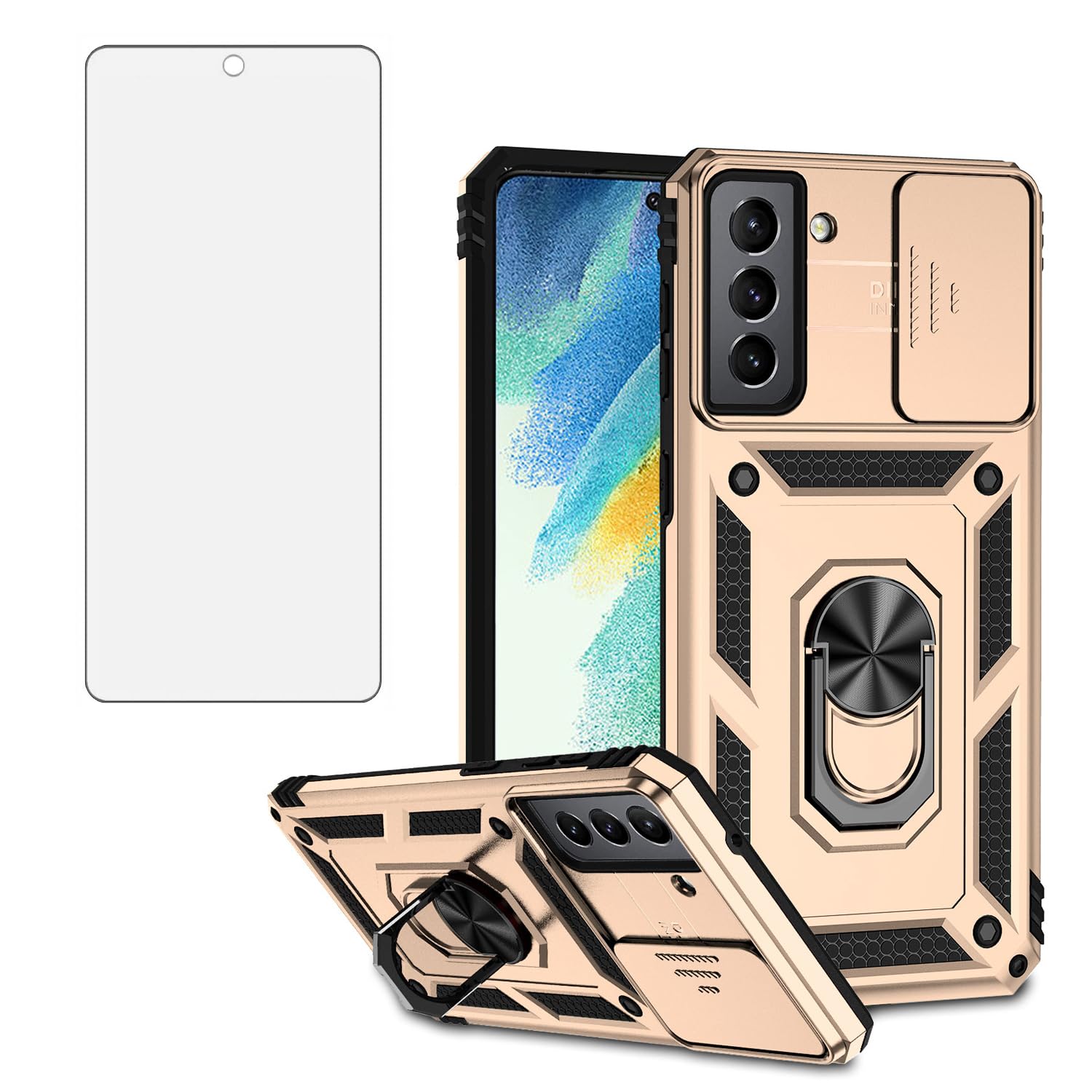 Asuwish Phone Case for Samsung Galaxy S21 FE 5G with Slide Camera Cover Tempered Glass Screen Protector Ring Holder Stand Rugged Cell Protective S 21