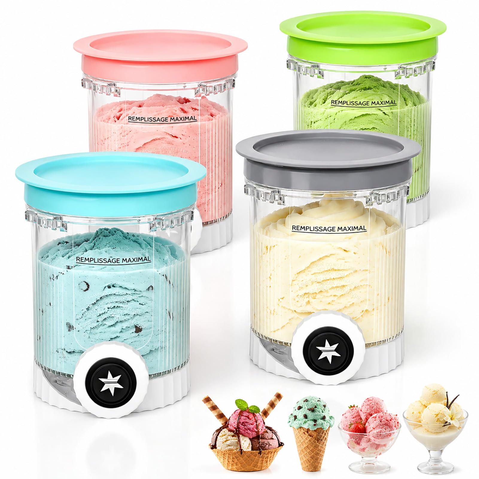 4er Set Behälter für Ninja Creami Swirl NC700 NC701EU, 480 ml Eisbehälter Ersatzbehälter mit farbigen Silikondeckeln, BPA-frei & spülmaschinenfest