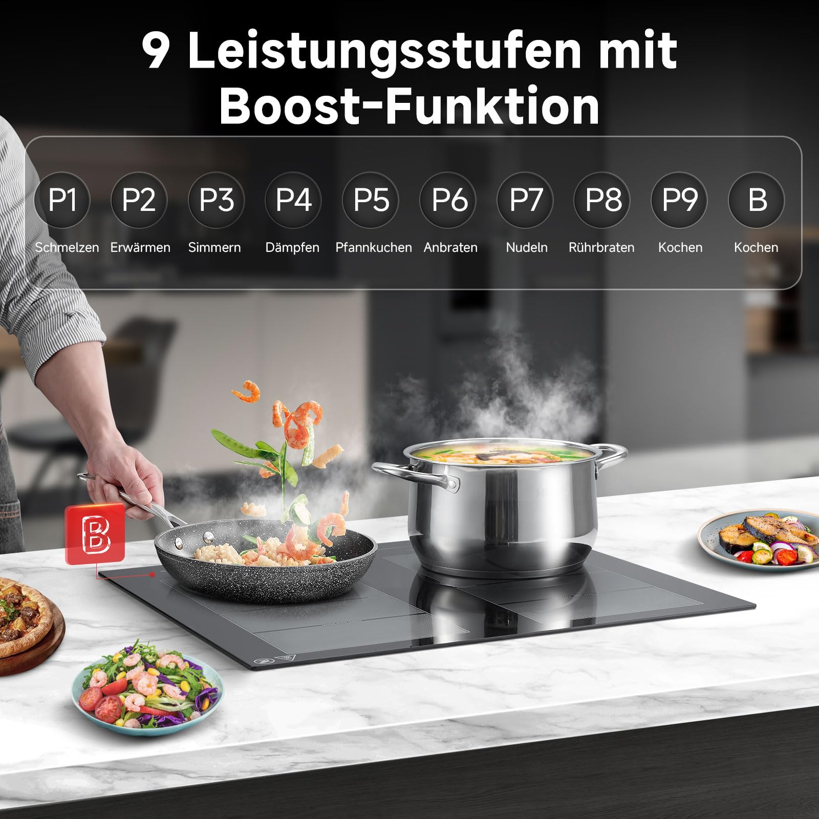AMZCHEF Induktionskochfeld 60cm 4 Zonen 2 Flexzonen 7400W 9 Leistungsstufen Booster