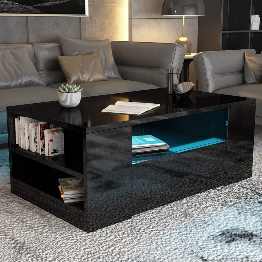 High Gloss Black Coffee Table with Storage, Rectangle Coffee Table with 2 Storage Drawers RGB Lights