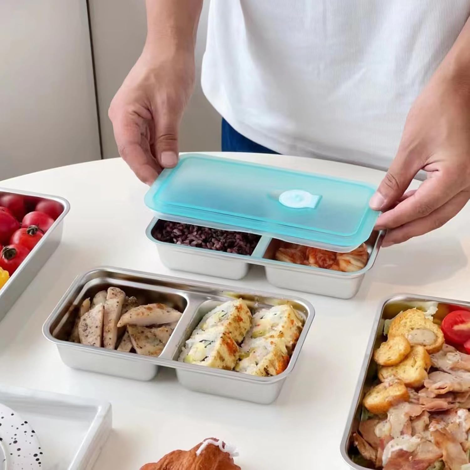 Grab and Go Snack Containers Reusable,Stainless Steel Double Compartment Snack Containers,Dishwasher- Reusable Condiment Container with Lids of Snacks,Dips,Travel and Outdoor Camping (1PCS) - Image 3