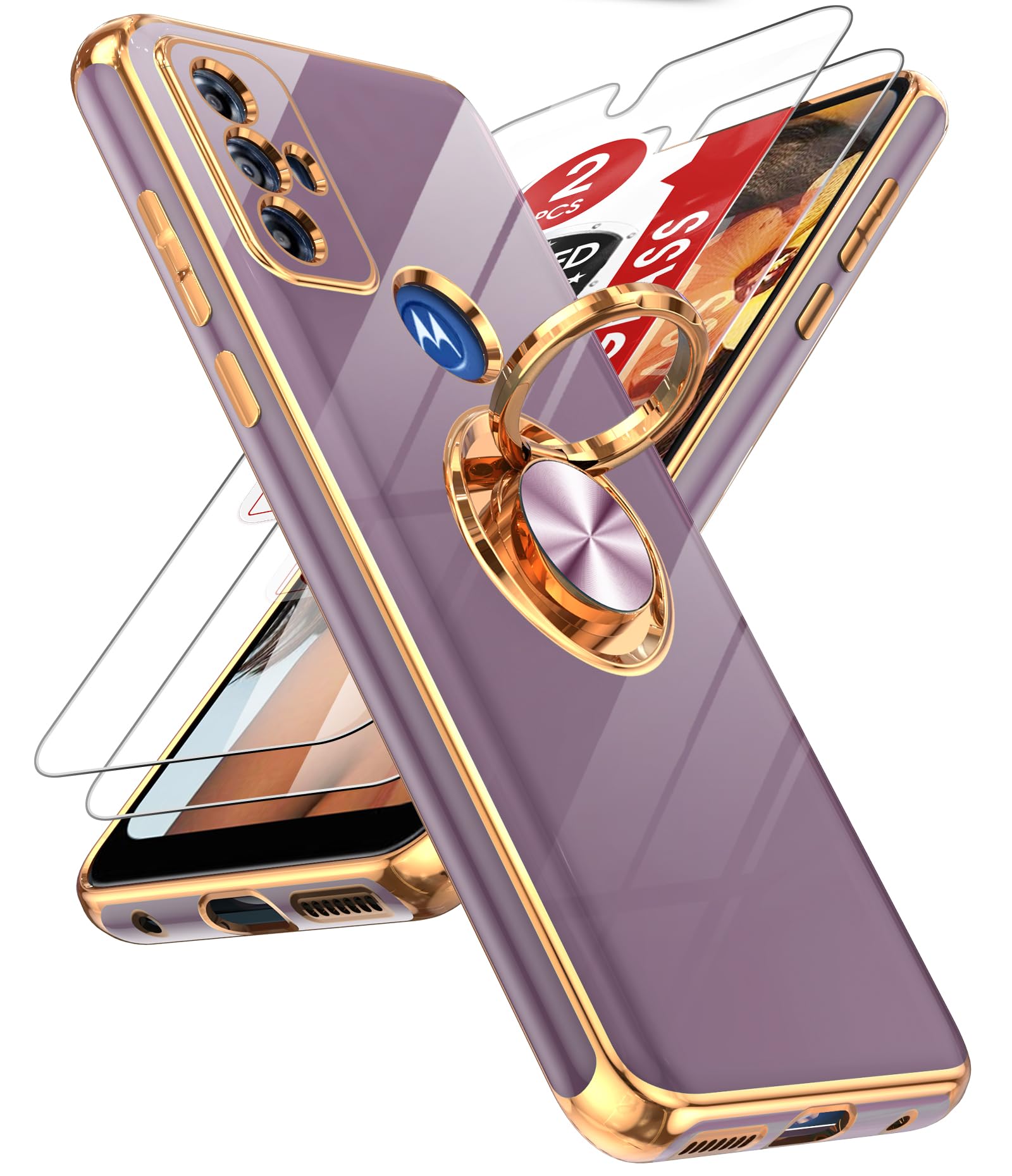 LeYi for Moto G Play 2023 Phone Case: with Tempered Glass Screen Protector [2 Pack] 360° Rotatable Ring Holder Magnetic Kickstand, Plating Rose Gold