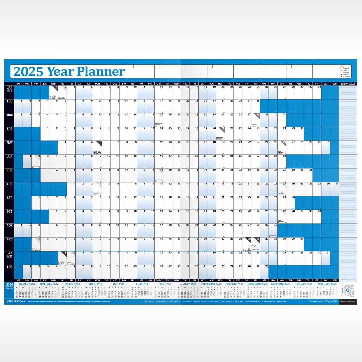 2025 Year Yearly Annual Office Home Wall Planner Calendar Chart Poster/Includes UK & Ireland Bank Holidays/Unmounted Unlaminated Blue, Medium 35cm x 49cm Folded