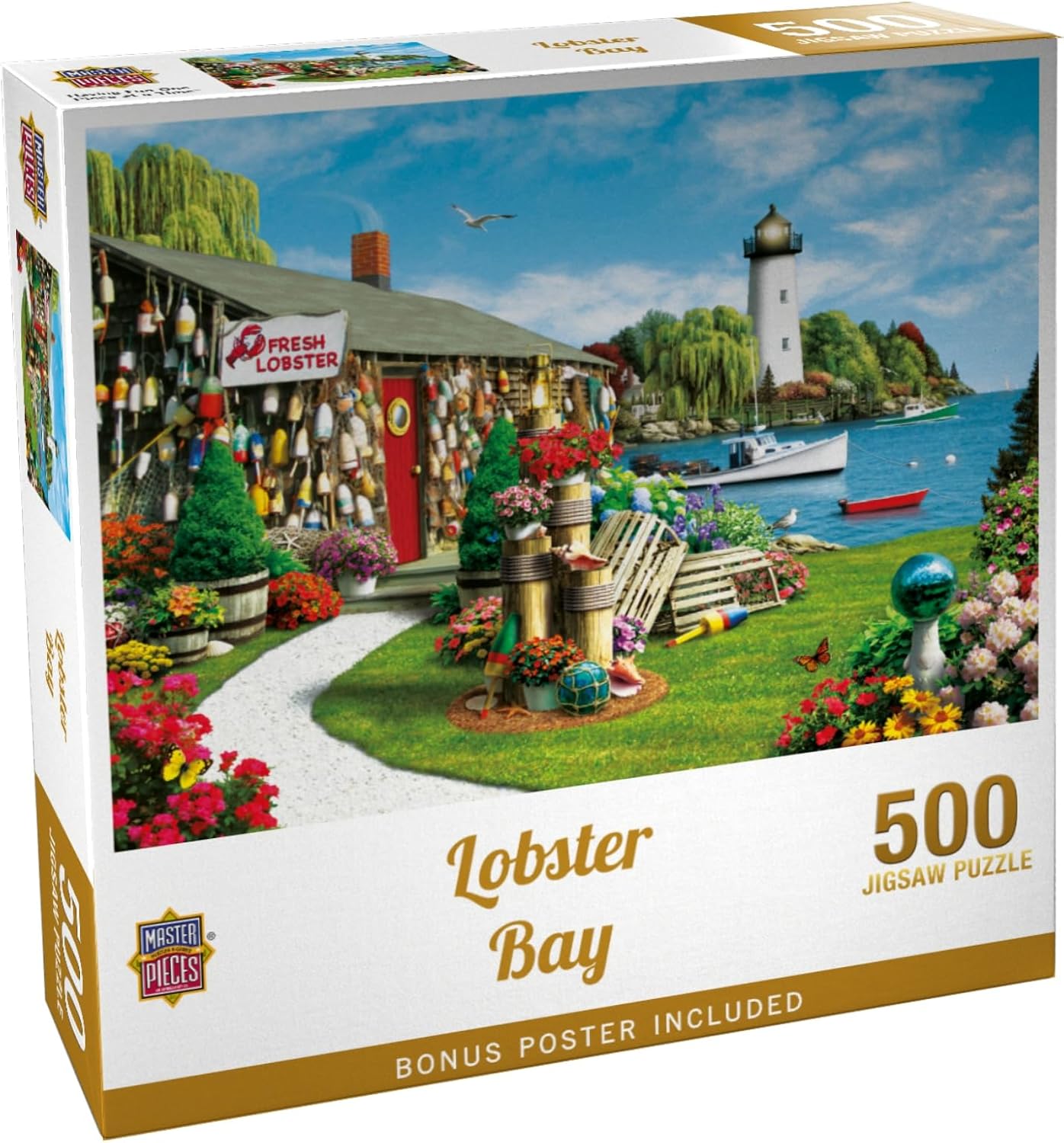 MasterPieces 300 Piece EZ Grip Jigsaw Puzzle - Lobster Bay Seaside Lighthouse and Boat - 18"x24"