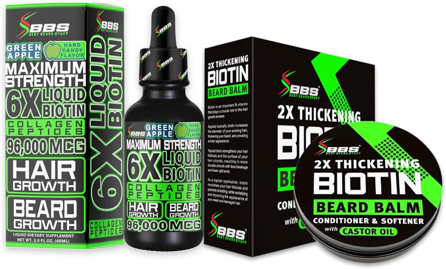 Beard Growth Kit w/ 2X Thickening Biotin Beard Balm & Mustache Wax + 6X Liquid Biotin with Collagen Peptides for Facial Hair Growth - Formulated in America