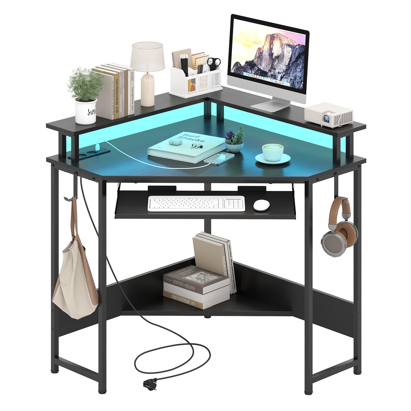 LIFEZEAL Scrivania angolare con luci LED, scrivania angolare con supporto per monitor e tastiera, tavolo da ufficio con stazione di ricarica USB tipo C e prese, telecomando (nero)