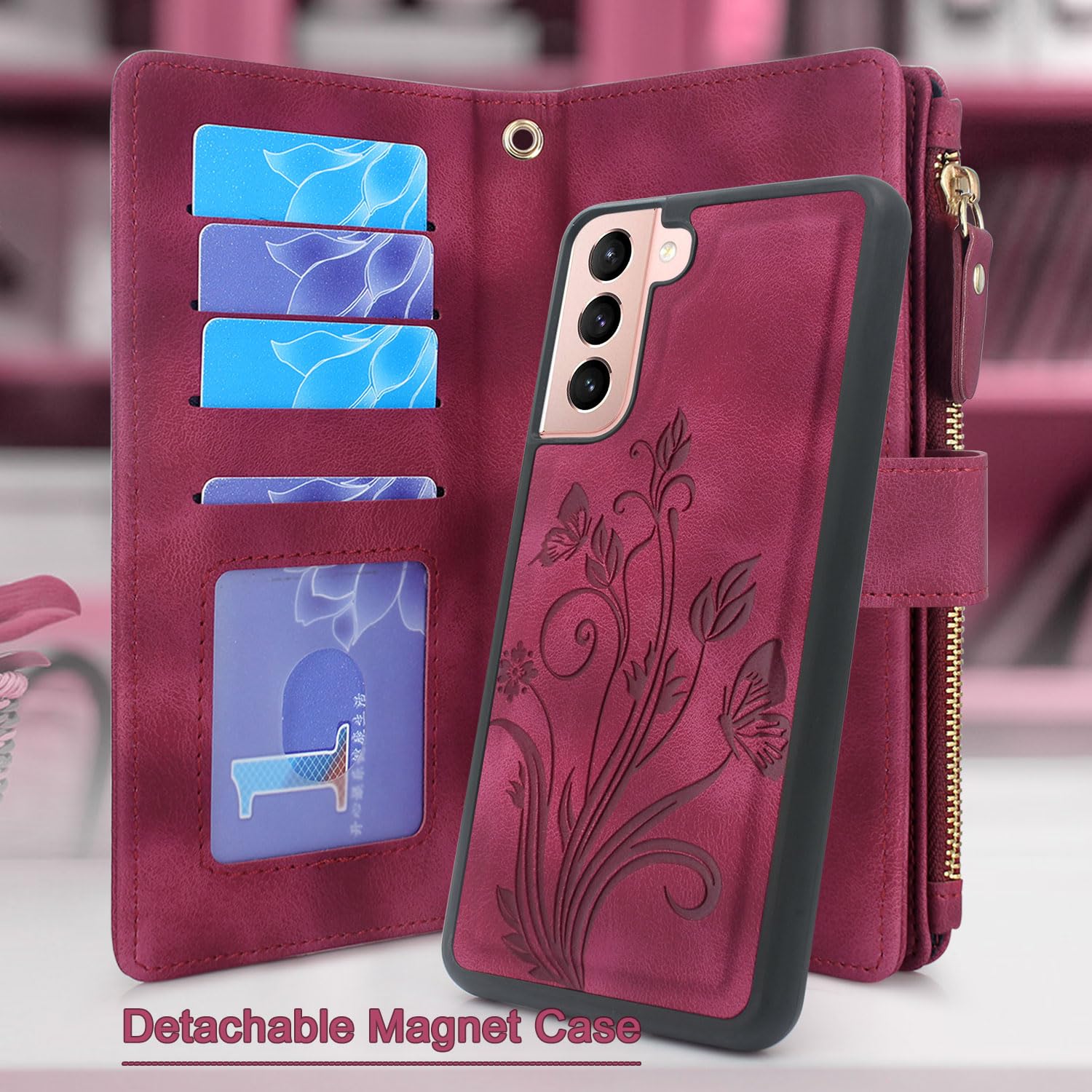 Lacass for Samsung Galaxy S21 5G G991U Case, [12 Card Slots] ID Credit Cash Holder Zipper Pocket Detachable Magnet Leather Wallet Cover with Wrist Strap Lanyard (Floral Wine Red)