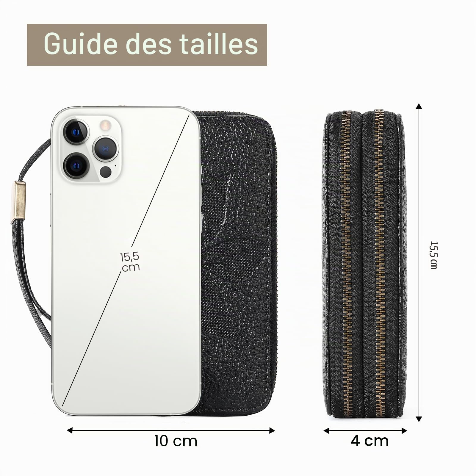GOIACII – Portefeuille en cuir pour femmes avec blocage RFID, taille moyenne, double fermeture éclair, porte-cartes de crédit avec 10 fentes pour cartes et bracelet, A01-noir., M, Classique