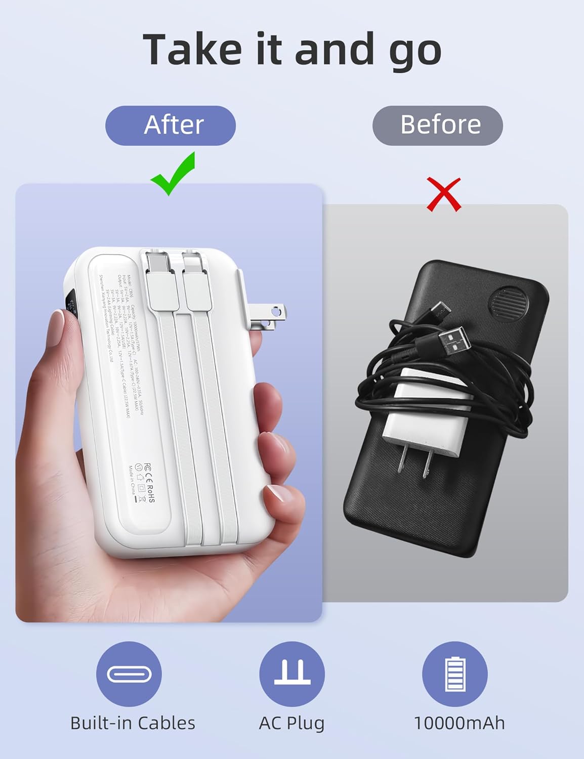 RORRY Portable Charger Built in Cables, AC Wall Plug In Portable Charger Power Bank 10000mAh Travel Battery Pack 22.5W Fast Charging for iPhone 17/16/15 Samsung Galaxy S24/S23/S22 Pixel LG iPad, White - Image 2