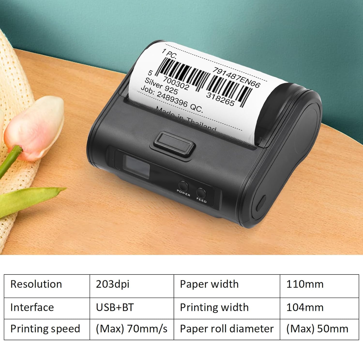 HXBER Receipt Printer, Wireless Thermal Receipt Printer 4-inch 110mm Portable Mobile Printer 203dpi Clear Print BT+USB Connect for Small Business Market Grocery Store Supports Continuous Paper/