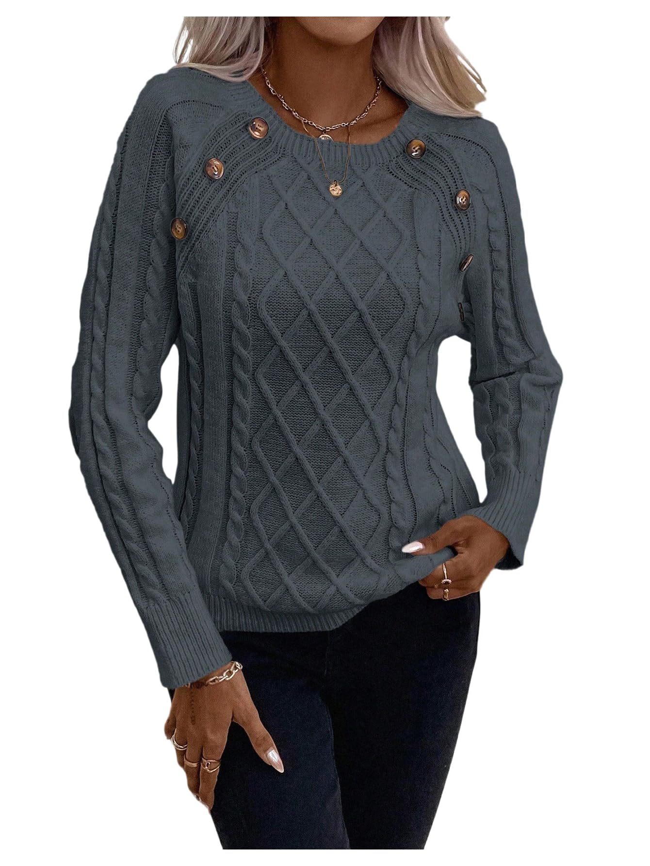 Womens 2025 Cable Knit Sweater Button Crew Neck Long Sleeve Pullover Fall Sweater Thanksgiving Gift