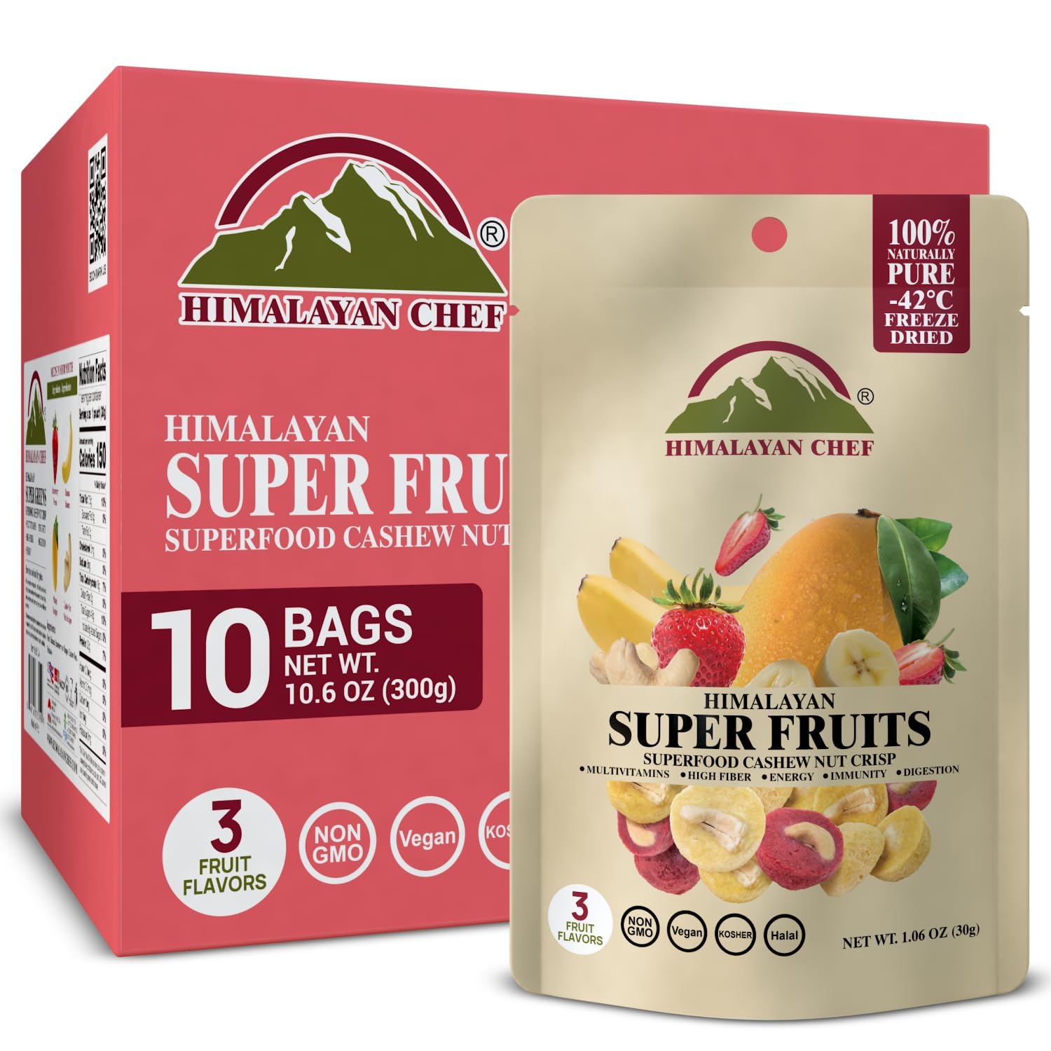 Himalayan Chef Super Reds Freeze-Dried Fruit Cashew Nut Crisps, 30g/each – 10 Pack | Mix Superfood Fruits | Healthy Snacks Packed with Multivitamins, High Fiber & Antioxidants for Energy Boost