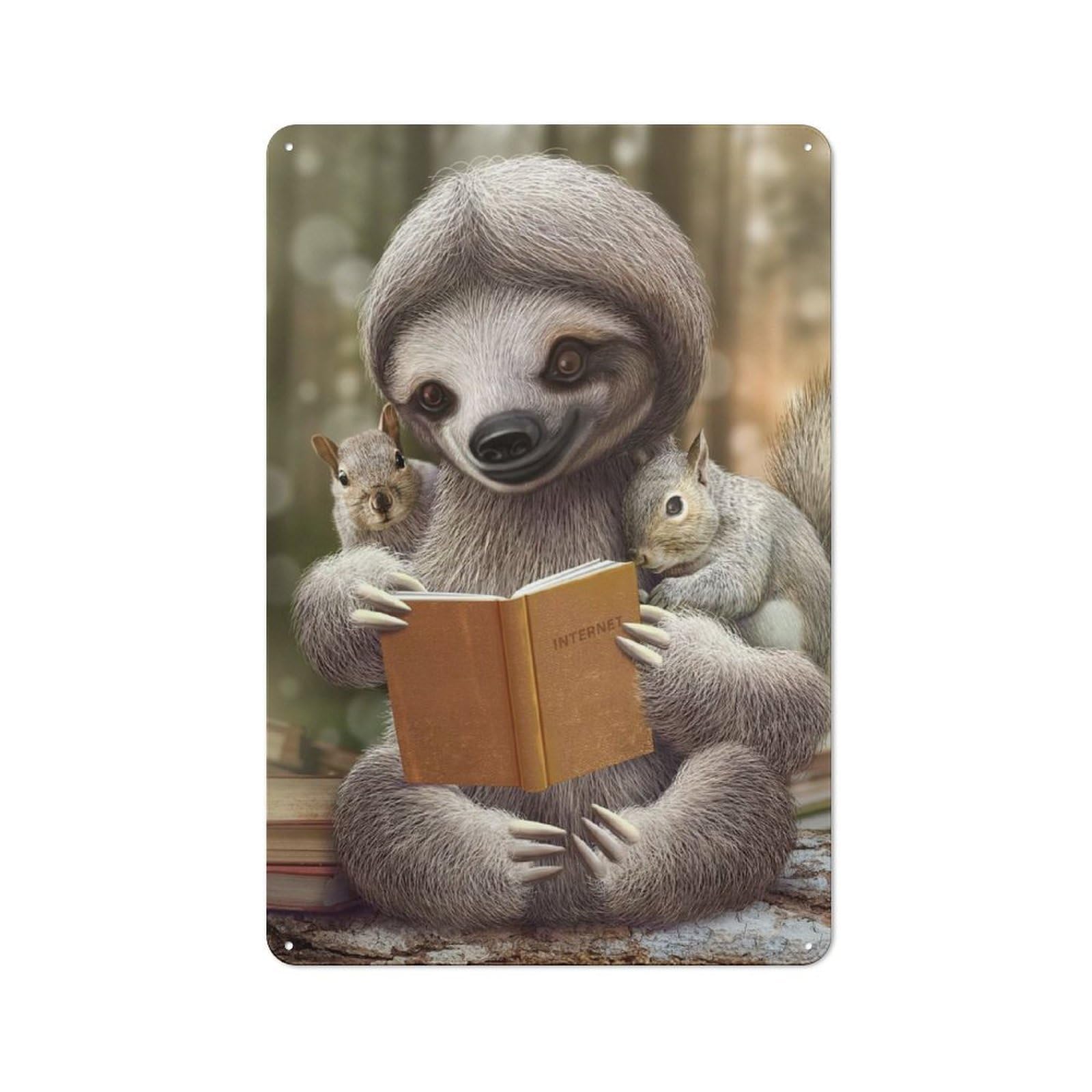 Junmoney Sloth Read Books Rustic Metal Sign 30X20cm For Hobby Room Or Studio, Suited To Hobby Room Decor Fans